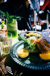 Close-up of food served on table