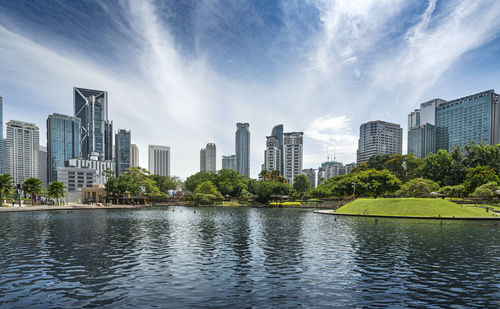 Panoramic view of lake and buildings against sky