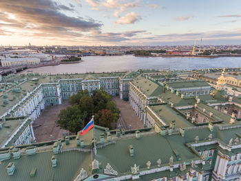 High angle view of townscape against sky during sunset