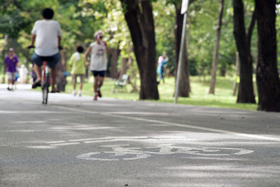 Rear view of people walking on road