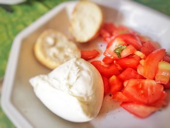 Fresh italian caprese salad with mozzarella cheese, sliced tomatoes and bread