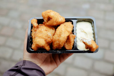 Close-up of hand holding fried fish