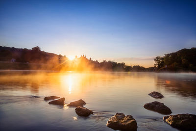 Scenic view of lake against sky during sunset