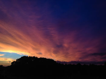 Low angle view of silhouette trees against dramatic sky