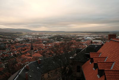 High angle view of townscape against sky during sunset