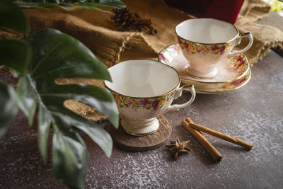 Close-up of tea cup on table