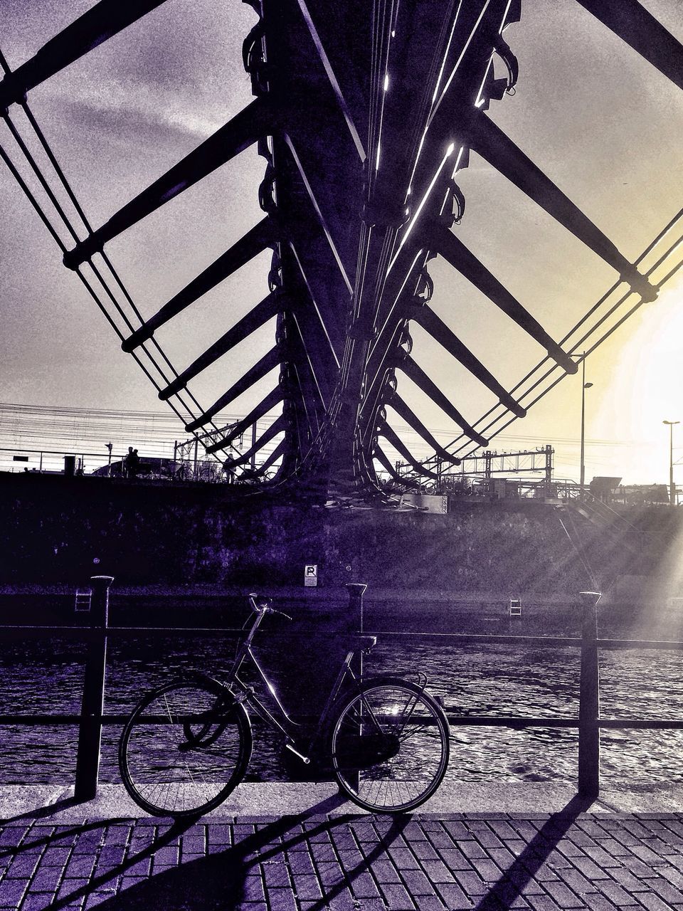 bicycle, transportation, mode of transport, land vehicle, parking, stationary, parked, street, sunlight, parking lot, water, day, built structure, no people, sky, outdoors, sidewalk, wheel, absence, railing