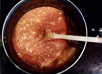 High angle view of tomato sauce in pan