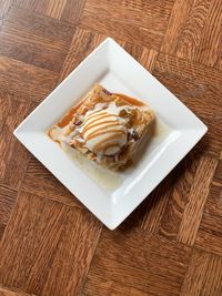 High angle view of dessert served on table