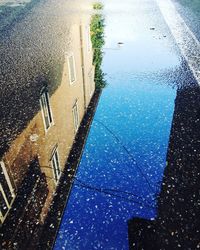 Reflection of buildings in puddle on street