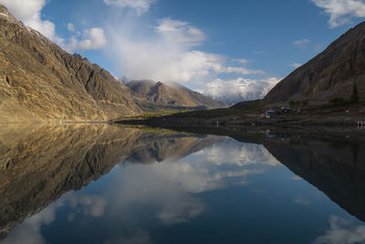 Scenic view of lake and mountains against sky