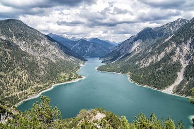 Scenic view of lake and mountains against sky