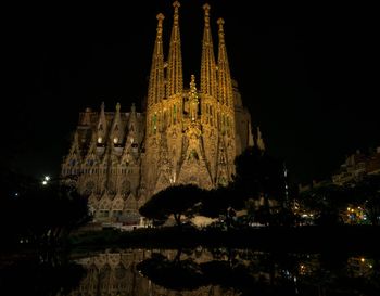 Illuminated temple against sky at night