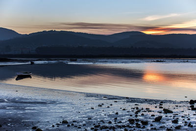 Scenic view of snowcapped mountains against sky during sunset