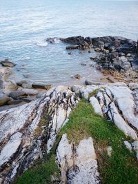 High angle view of rocks on sea shore