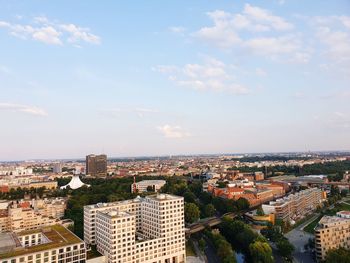 High angle view of buildings against sky