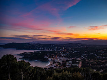 High angle view of townscape against sky at sunset