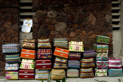 Stack of multi colored store for sale in market