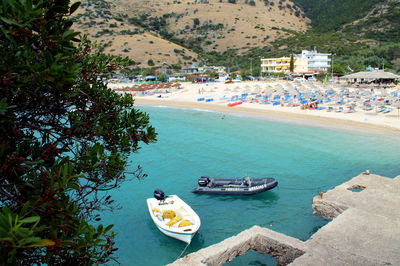 High angle view of boats moored in sea