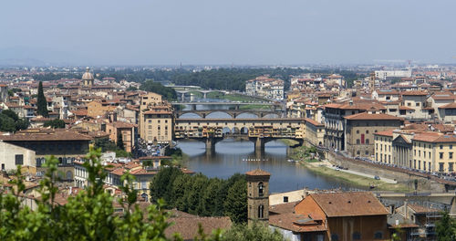 High angle view of river amidst buildings in city against sky