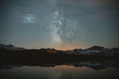 Scenic view of lake against sky at night. view on the milky way.