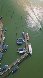 High angle view of boats moored in river