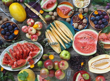 High angle view of fruits on table