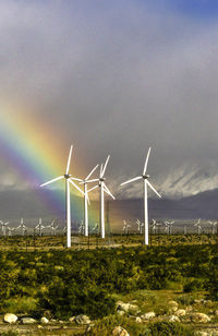 Wind turbines in field