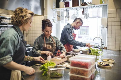 Multi-ethnic chefs preparing food at kitchen counter in restaurant