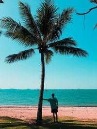 Rear view of man standing at beach against clear sky