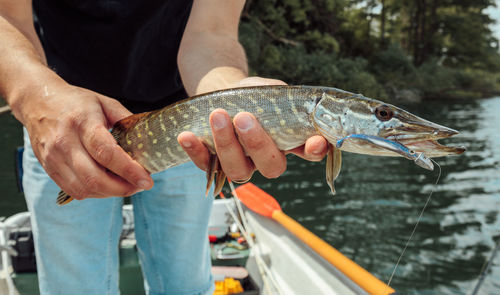 Close-up of man holding fish