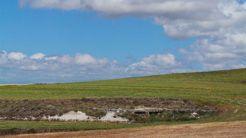 Scenic view of field against cloudy sky