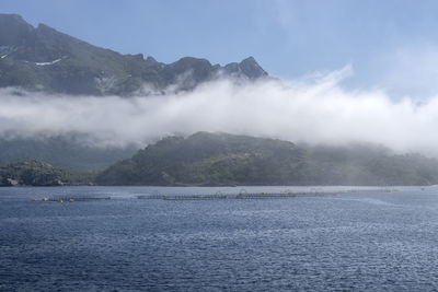 Scenic view of sea by mountains against sky