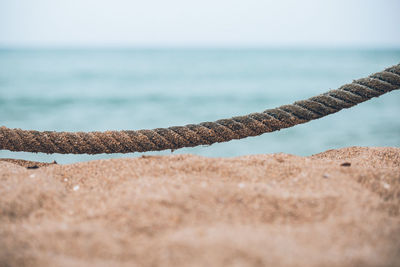 Close-up of sand at beach against sky