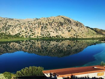 Scenic view of lake against clear blue sky