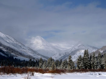 Snow covered mountains against sky