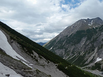 Scenic view of mountains against cloudy sky