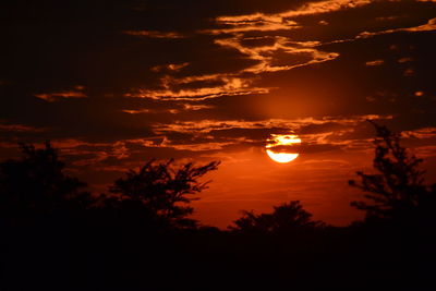 Scenic view of silhouette trees against romantic sky at sunset