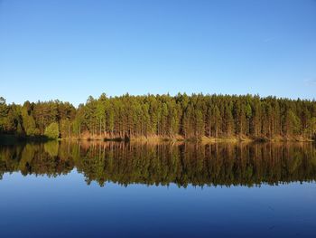 Scenic view of lake against clear blue sky