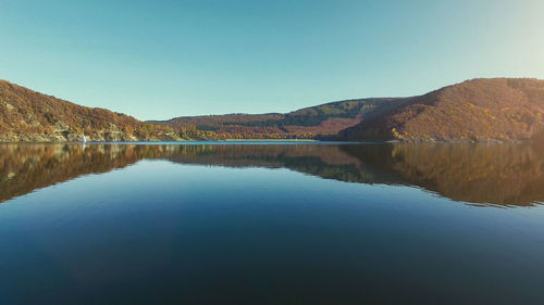 Scenic view of lake against clear blue sky