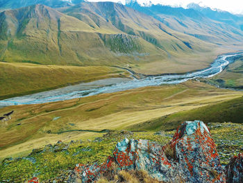 High angle view of land and mountains