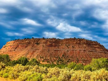 View of rocky mountain against cloudy sky