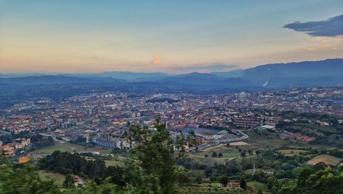 High angle view of townscape against sky during sunset