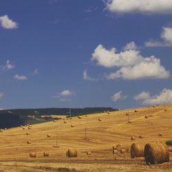 Hay bales on field against sky