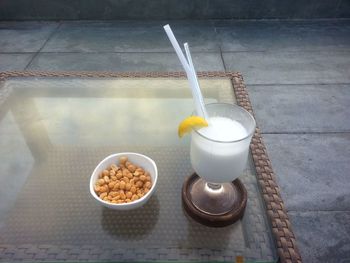 High angle view of breakfast on table