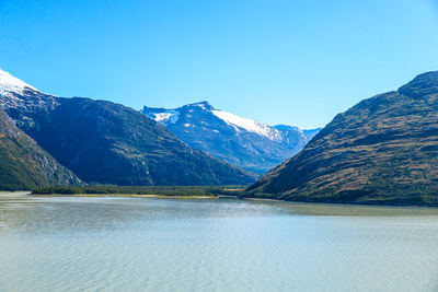 Scenic view of lake and mountains against clear blue sky