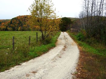 Road amidst field against sky during autumn