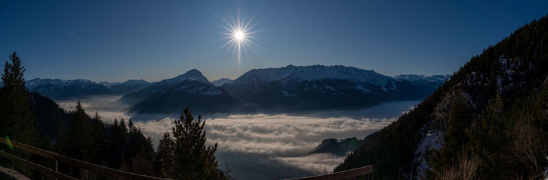 Panoramic view of snowcapped mountains against sky