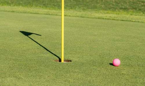 High angle view of golf ball on field