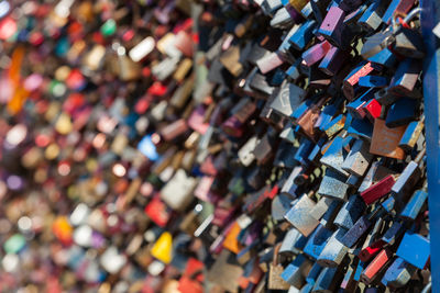 Full frame shot of love padlocks on railing